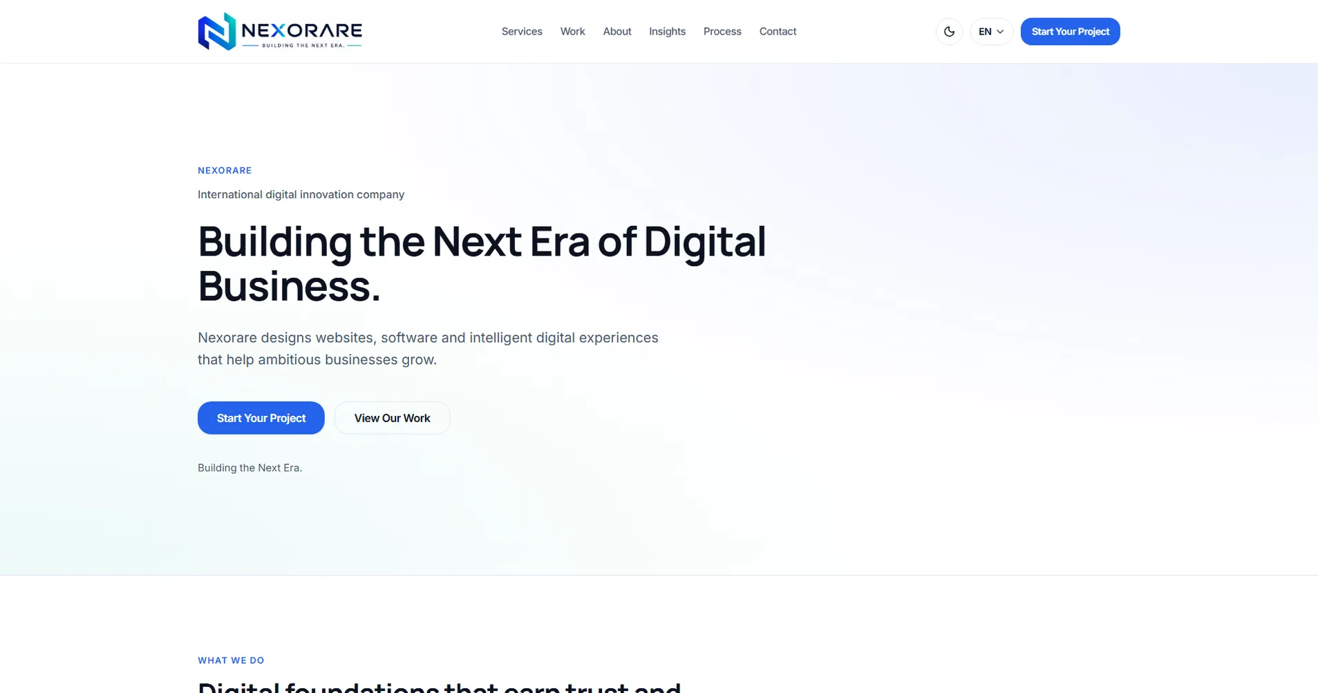 Nexorare digital agency website homepage